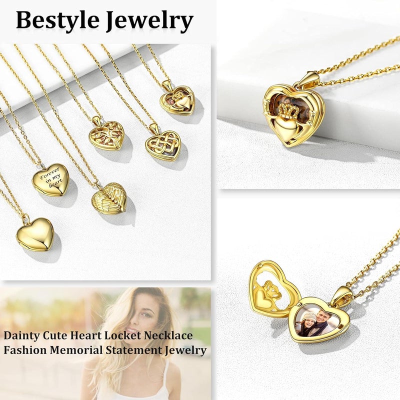 Bestyle Sterling Silver Heart Locket Necklace for Women, Dainty Cute Small Heart Locket Pendant in Gold/Rose Gold/Silver, Love Statement Jewelry Gift for Mother Wife - Image 2